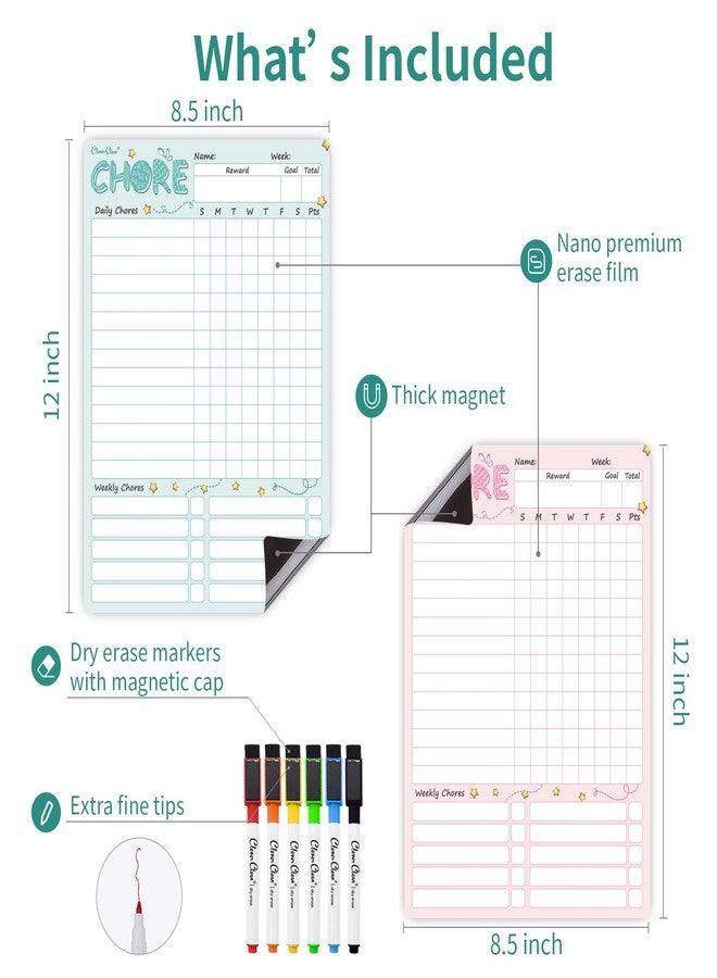 Clever Clean Magnetic Dry Erase Chore Chart - 8.5"x12" Behavior Responsibility Chore Board for Kids, Teenagers - 6 Extra Fine Point Markers Included - Shipped Flat 2 Pcs Blue & Pink - Image 2